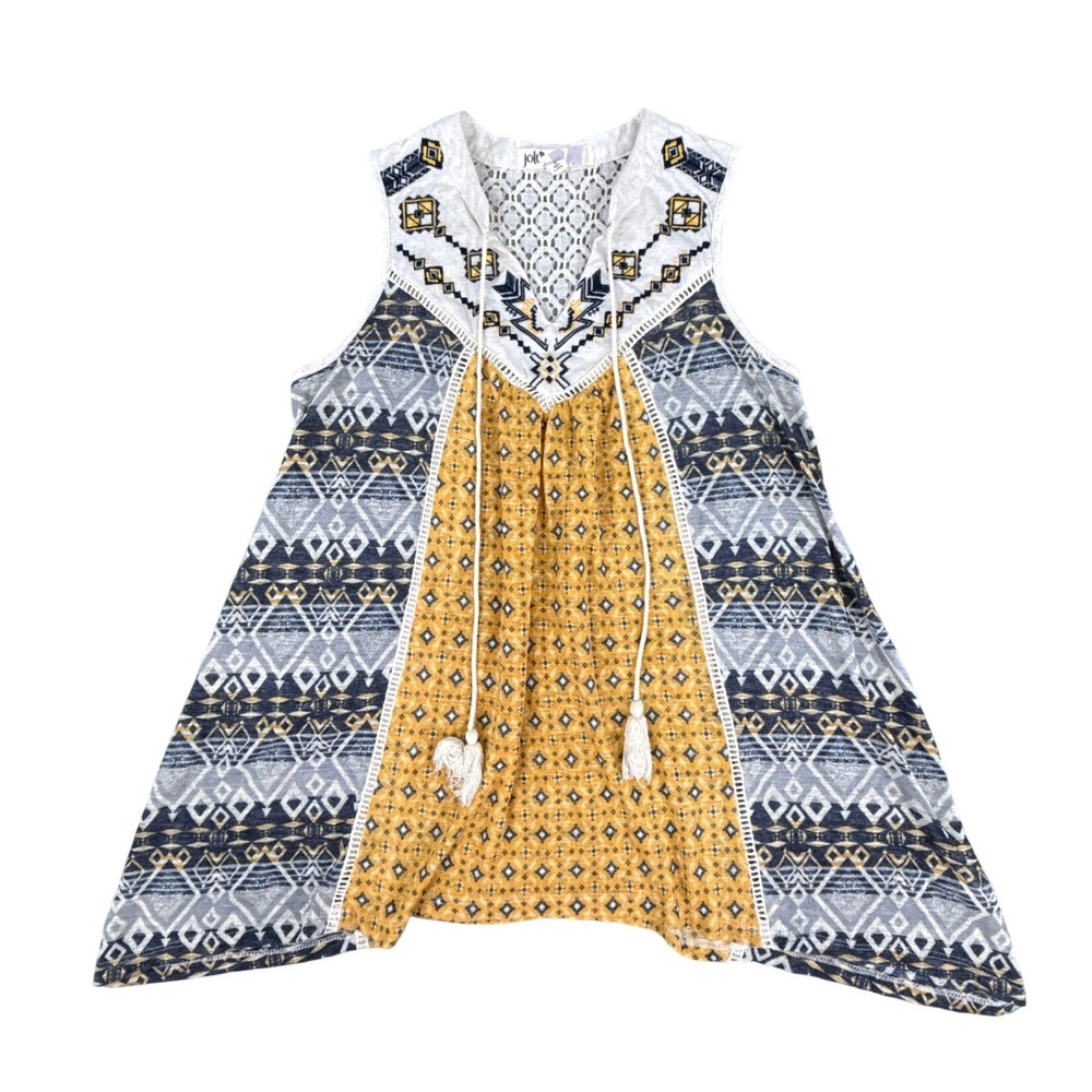Jolt Womens Boho Mixed‎ Print Sleeveless Tunic Top Mustard Grey Cream Lace Small